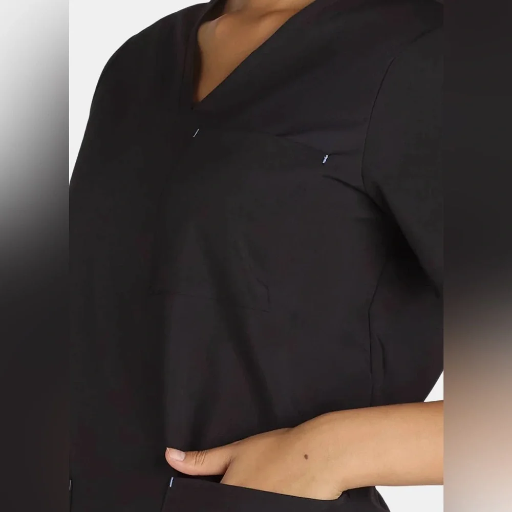 NWT V-Neck Black Scrubs Pocket Top & jogger Pants 2 PC Set - Picture 4 of 8